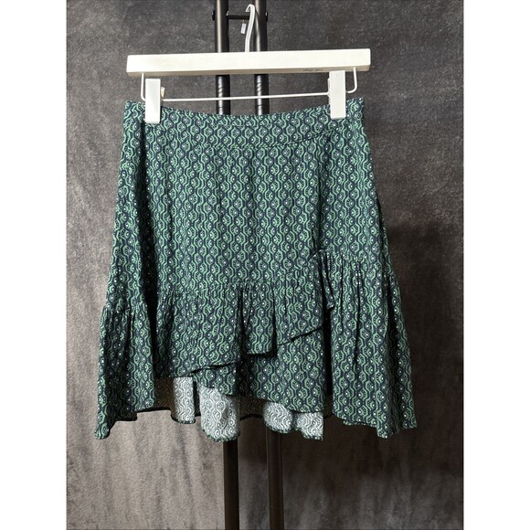 Free People Green and Blue Geometric Pattern Ruffle Skirt Sz 2 - Picture 2 of 7